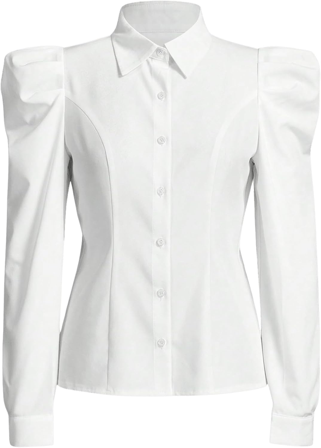 Floerns Women's Elegant Puff Long Sleeve Collared Shirts Button Down Dressy Blouse Top