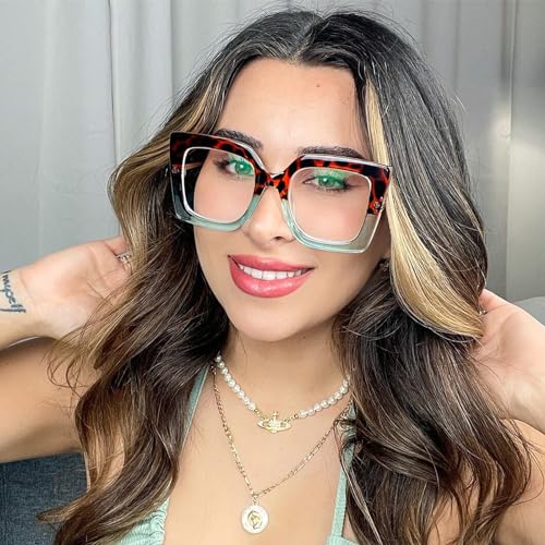 Image of Zeelool Chic Oversized Thick Square Blue Light Blocking Glasses for Women Qatar ZOP01892-06 Tortoise /Blue