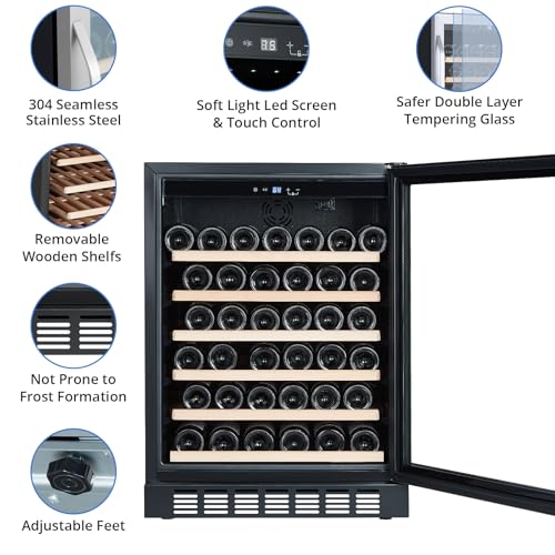 GarveeHome 24'' Wine Cooler Refrigerator - 46 Bottles Capacity, Professional Compressor, 41°F To 64°F Temp Control, Stainless Steel & Tempered Glass, With Safety Lock, Built-In Or Freestanding