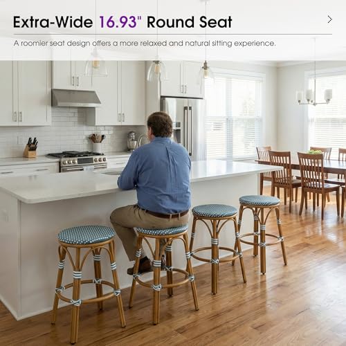 Image of PURPLE LEAF Patio French Round Counter Stool 26 inch Set of 2 Large Seat Backless Handwoven Wicker Rattan Barstools Bamboo Finish Aluminum Frame for Indoor Outdoor Bistro Cafe Soft Blue