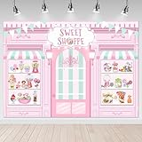 Mocsicka Sweet Shoppe Backdrop 7x5ft Dessert Parlor for Girl Birthday Party Background Decorations Donut Ice Cream Cake Table Decor Photoshoot Studio Props (Pink)