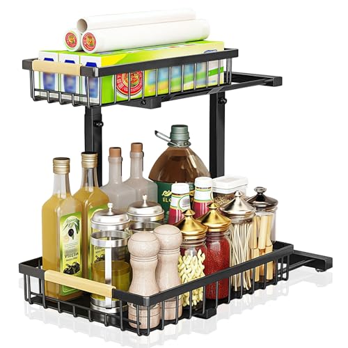 LeapBeast Organizador Cocina 2 Niveles, Ajustable Bajo Fregadero, Metal Multiusos para Cocina, Baño, Dormitorio (1, Negro)