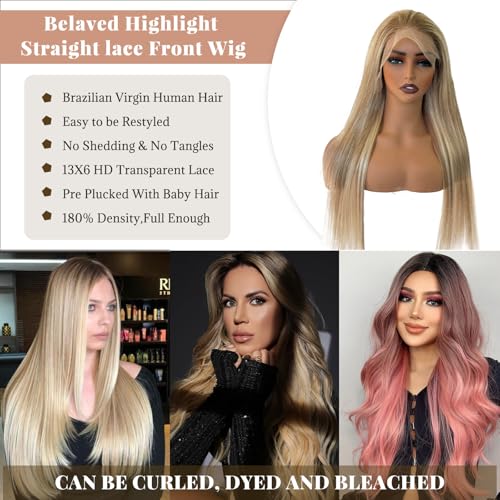 Image of Belaved 8B60A Highlight Lace Front Wigs Human Hair 13x6 Medium Brown Mix Blonde Long Straight Balayage Blonde with Brown Roots 180% Density for Women Pre Plucked With Baby Hair 16 Inch