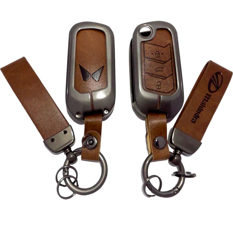 Image of Zinc Metal Alloy Leather Car Key Cover & Case Brown with Keychain & Holder fit for Mahindr.a Scorpio, Bolero, XUV700, XUV300, Thar, TUV300 Plus, XUV400, Marazzo (3 BT Flip Key)