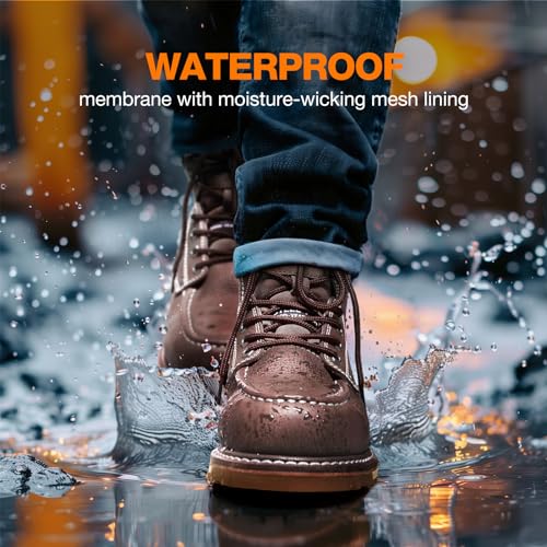 Image of NINGO Steel /Soft Toe Work Boots for Men, 6 Inch Waterproof Mens Wedge Moc Toe Boots, Full-Grain Leather, Oil and Slip-Resistant Safety Boots, EH Protection,Work Boots for Construction, Industrial