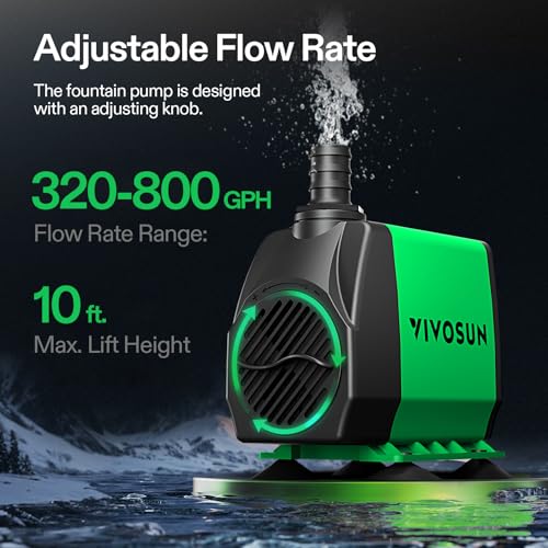 VIVOSUN 800GPH Submersible Pump(3000L/H, 24W), Ultra Quiet Water Fountain Pump with 10ft. High Lift with 6.5ft. Power Cord, 3 Nozzles for Fish Tank, Pond, Aquarium, Statuary, Hydroponics Green by VIVOSUN - Image 2