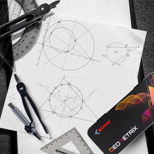 Image of Kores Geometrix Geometry Box for Students | Complete Mathematical Instrument Box with Die-Cast Compass, Divider, Protractor, Scale, Set Squares, Stencil, Pencil, Eraser & Sharpener | School & Exam Use