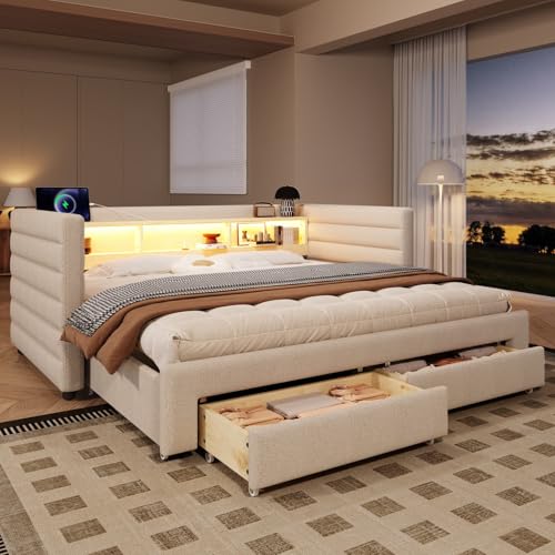 KOMHTOM Canapé-lit Convertible 90 x 190cm avec Lit Gigogne, Lit de Jour avec 2 Tiroirs, Ports USB...