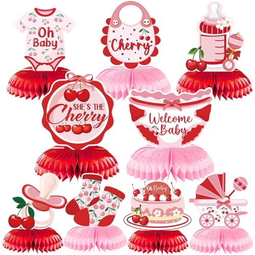 Image of Cherry Baby Shower Decorations for Girls, 9PCS She's the Little Cherry Theme Honeycomb Centerpieces Decor, Cherry Welcome Baby Party Table Decoration Supplies Kids