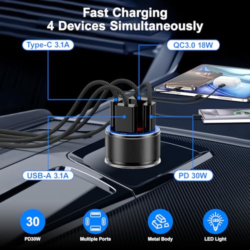 Besgoods Car Charger for iPhone 16 15 Pro Max, 4-Port Cigarette Lighter Adapter USB C & A Fast Charging Voltmeter for Galaxy S24 S23 A15 A54 Android, 6ft USB C Cable