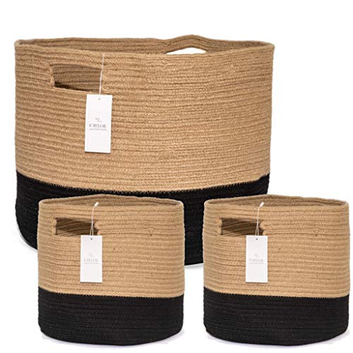 Chloe And Cotton Woven Coiled Rope Storage Baskets Xxxl 15 X 21 Inch And Set Of 2 Cubby Baskets Jute Black Handles | Decorative Laundry Clothes Hamper, Blanket, Towel, Baby Nursery Bin Cute Organizer #TOP17