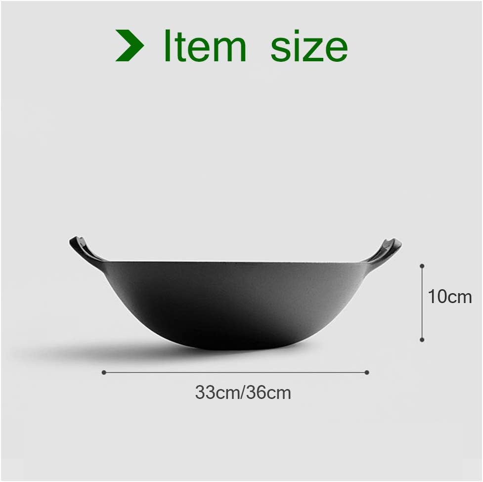 14 inch Traditional Hand Hammered Cast Iron Wok, Chef's Pot, with 2 Pan Ear and Cover-36cm (33cm)