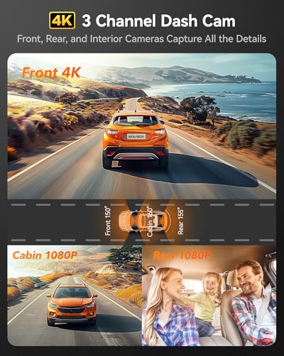 Image of WOLFBOX i17 4K 3 Channel Dash Cam Built-in 5.8GHz WiFi with 64GB Card, 4K+1080P+1080P Dash Cam Front and Rear Inside, Triple Car Camera with 3 Inch Screen, IR Night Vision, WDR, 24H Parking Mode, GPS