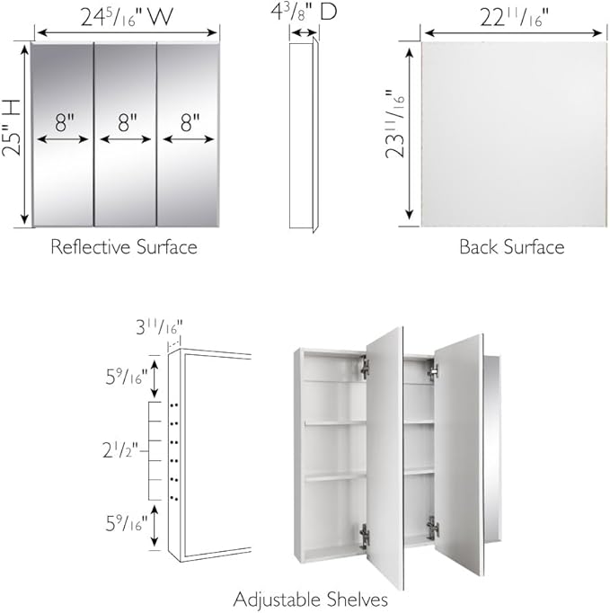 Botiquín para baño Design House Cyprus de 25 pulgadas, montaje en pared o empotrado, con puertas espejadas sin marco, gabinete blanco, modelo 590331 miniatura 3