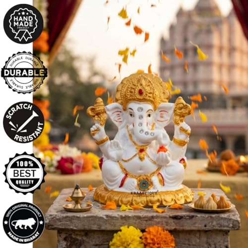 Image of Marble Finish Lord Ganesh Idol for Home Temple | Ganpati Bappa Murti with Stone Work | Ganesh Ji Statue for Puja Room, Office Desk, Car Dashboard | Diwali Gift, Housewarming Decor