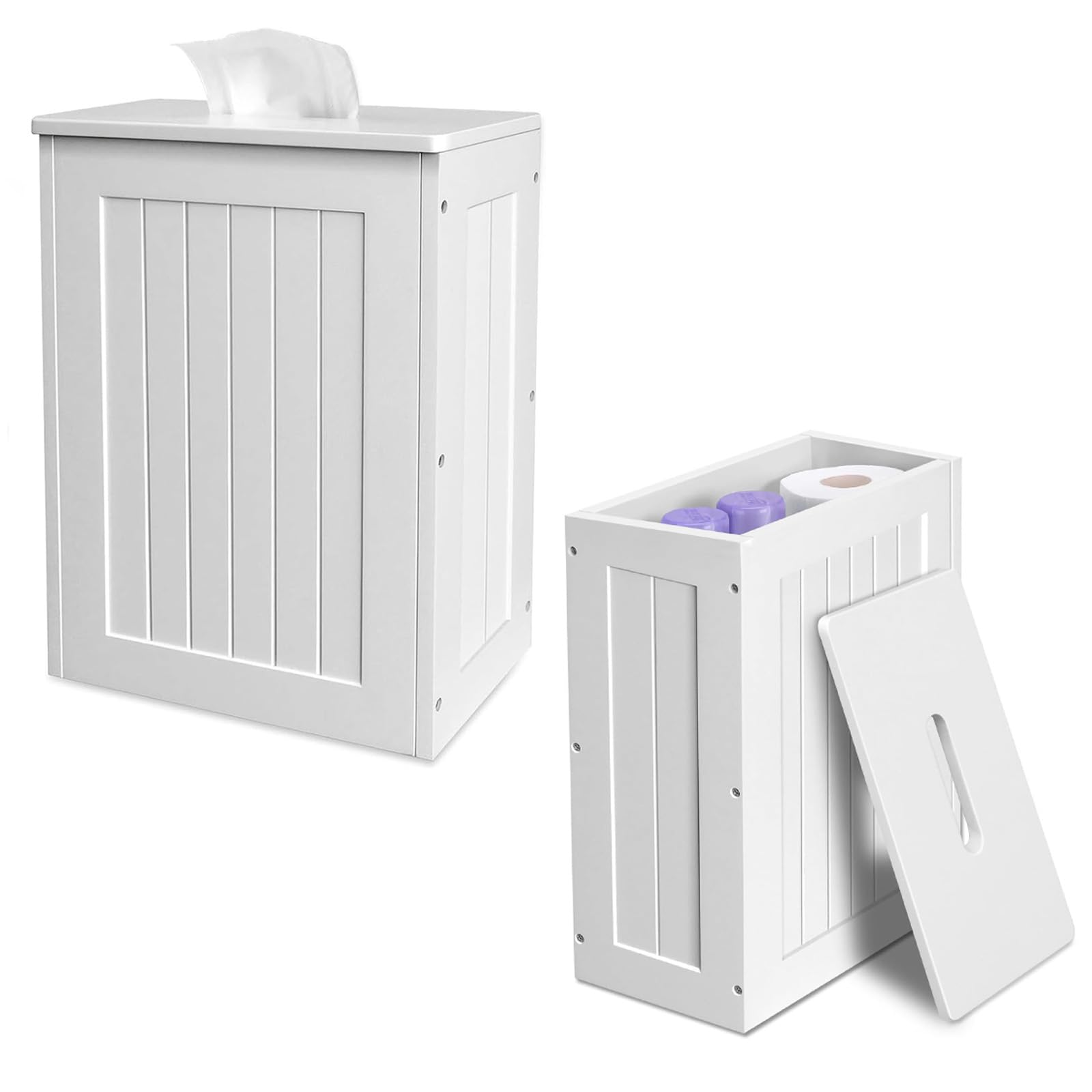 Bathroom Storage Box with Lid White Narrow Toilet Paper Cabinet & Cleaning Supplies Organizer, Roll Paper Holder, Space Saving Corner Storage Contain for Bathroom, Laundry & Kitchen, 27x14x35cm
