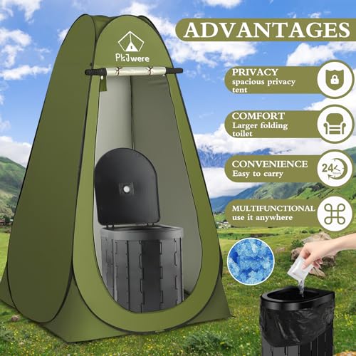 Pkjwere Outdoor Portable Camp Toilet and Pop Up Privacy Shower Tent Kit,Large Foldable Potty with12 Pack Liquid Waste Gel, 20L Patented Design Shower Bag, Camping, Hiking,Changing Rooms,Fishing