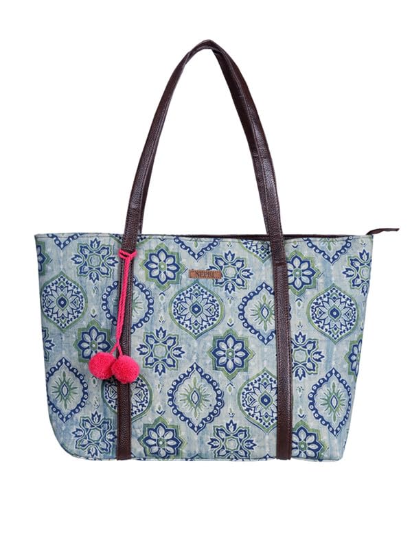 Image of NEPRI Oversized Office Tote Bag | Stylish Tote Bags | Purse for Women | Vegan Leather & Hanblock Printed Fabric Handbag with Double Handle Shoulder Strap| Daily & Travel Use