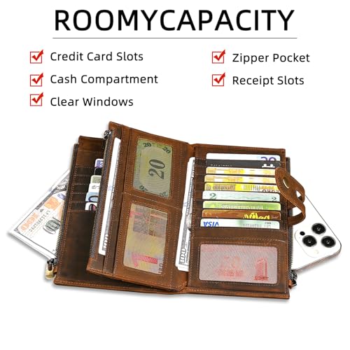 Image of Genuine Crazy Horse Leather Travel Gift Coin Pocket Card Case Long Organizer Chain Rfid Wallet Purse With Snap For Men Male 1803 1815 (1815 Brown)