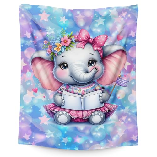 Image of Kids Blanket for Girls Elephant Blankets Elephant Theme Gift, Cute Cozy Soft 60 x 50 Inches Flannel Throws for Bed Travel Sofa Living Room Decor