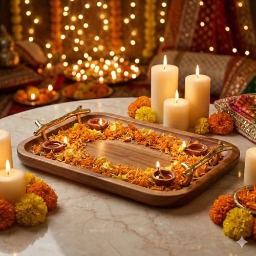 Image of CentraLit Decorative Acacia Wooden Tray for Serving - Dining Table Accessories & Kitchen Organizer Serving Trays - Luxury Wooden Tray| Gold Handles for Home Decoration (Twig Handles)