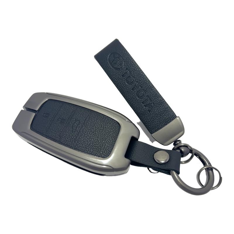 Image of Zinc Metal Alloy Leather Car Key Cover & Case Black with Keychain & Holder Compatible for Toyota Fortuner, Legender, Innova Crysta, HyCross, Land Cruiser, Hilux (3 Button Push Smart Key)