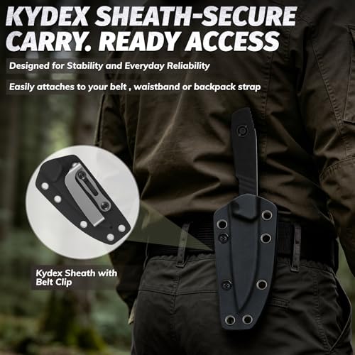 RXLUY Fixed Blade Knife with Sheath, 14C28N Full Tang Steel Blade, Tactical Survival EDC Utility Knives with G10 Handle, Adjustable Kydex Sheath Belt Clip for Camping Hunting Hiking Gardening (Black) - image 4