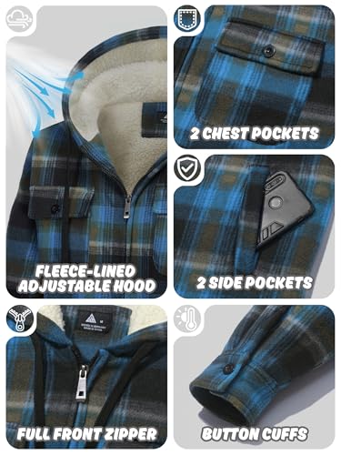 Mens Flannel Hoodie Jacket Fleece Lined Flannel Shirt Plaid Zip Up Sherpa Hooded Sweatshirt Warm Winter Coat3