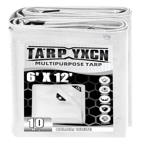 TA*RP YXCN White Tarp 6x12 Feet 10 Mil Thick Waterproof Poly Tarps Cover UV Resistant Rip & Tear Proof with Metal Grommets Every 20 Inches
