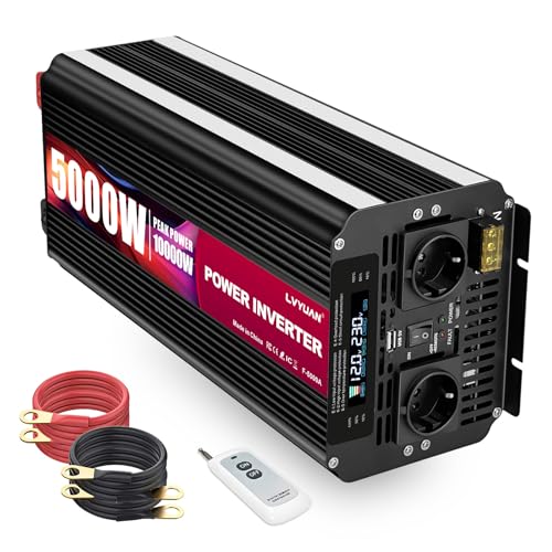 Yinleader Inversor 5000W/10000W Onda Senoidal Modificada DC 12V a 220V AC Convertidor con 2 Tomas AC, Mando a Distancia, Pantalla LCD y Puerto USB para Auto, Coche y Camper