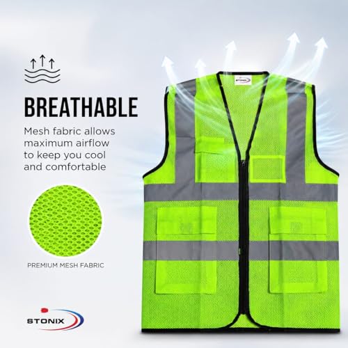 Image of STONIX High Visibility Safety Jacket for Men - Reflective Work Vest with Pockets, Breathable & Durable for Construction, Industrial & Outdoor Work, (Green, Pack of 1,2,5)