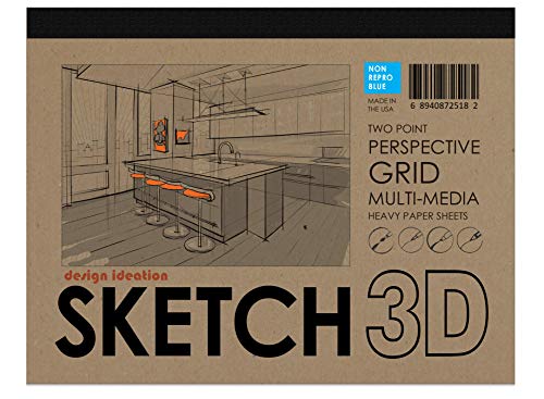 Design Ideation Sketch 3D Perspective Grid Paper Pad. Multi-Media Paper pad for Pencil, Ink, Marker and Watercolor Paints. Great for Art, Design and Education. Two Point Perspective Grid. (Blue Grid)
