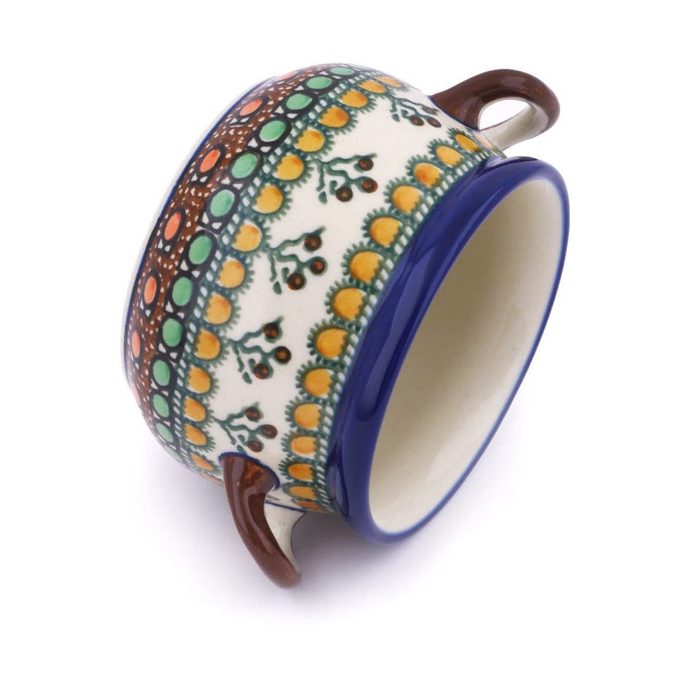 Authentic Polish Pottery Bouillon Cup Signature UNIKAT in Cranberry Medley Design Handmade in Boles?awiec Poland by Ceramika Artystyczna + Certificate of Authenticity