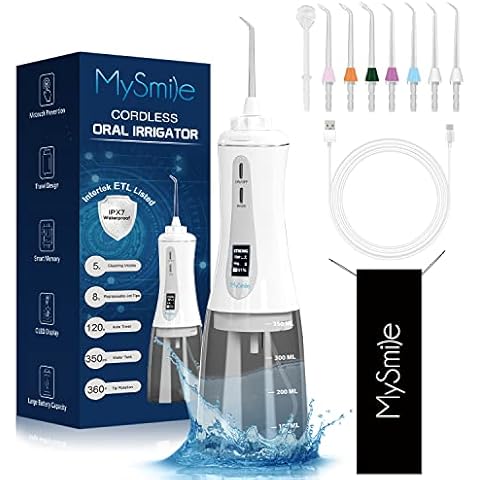 MySmile Powerful Cordless Water Flosser Portable Dental Oral Irrigator with 5 Modes OLED Display 8 Replaceable Jet Tips and 350 ML Detachable Water Tank for Home Travel Use (White) Cover