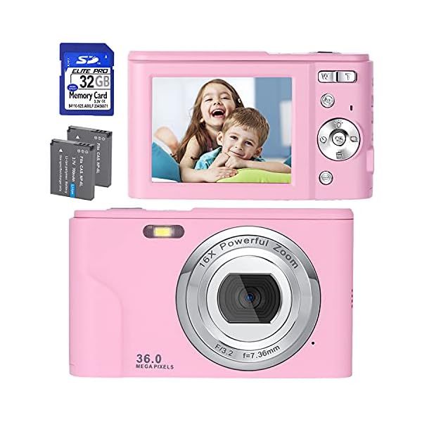 Digitalkamera, FHD 1080P 36.0 MP Mini Videokamera Wiederaufladbare Fotokamera Digitalkamera mit 32GB SD-Karte 16X…