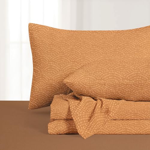 Wake In Cloud - Boho Bed Sheets 4-Piece Sheet Set Bohemian Chic Farmhouse Country Neutral Modern Aesthetic Pattern Printed Bedding Deep Pocket Terracotta Queen Size