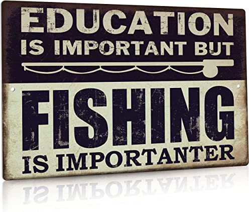 asbwuo Lustiges Metall-Blechschild "But Fishing is Importanter Lake House Decor", 30,5 x 20,3 cm