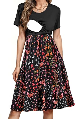 Image of PARNIXS Women's Nursing Dress Summer Short Sleeve Patchwork Pregnancy Clothes with Pockets