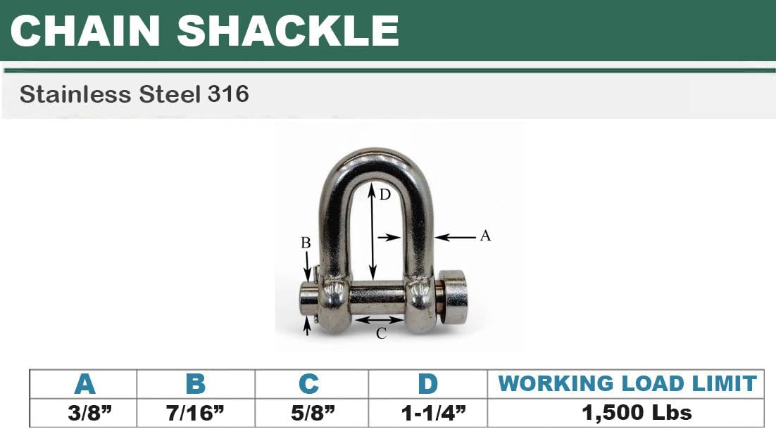 4 Pcs Stainless Steel T316 Forged 3/8" Round Pin Chain Shackle 1,500 Lb WLL