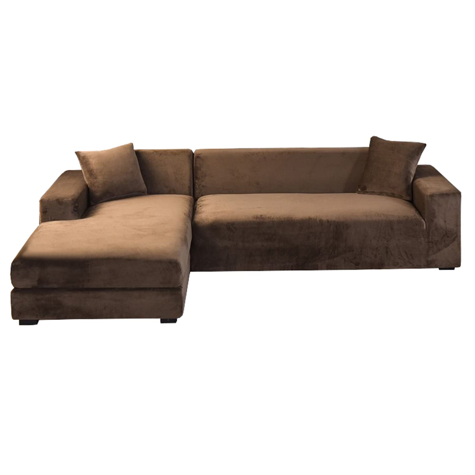 Housse de canapé d'angle velours 2 pièces extensibles pour grand canapé en L marron