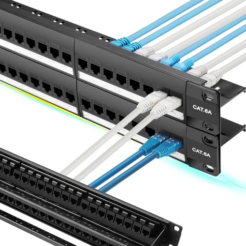 Rapink Patch Panel 48 Port Cat6A with Inline Keystone 10G Support, Pass-Thru Coupler UTP 19-Inch with Removable Back Bar, 2U Network Patch Panel for Cat6A,Cat6, Cat5e, Cat5 Cabling