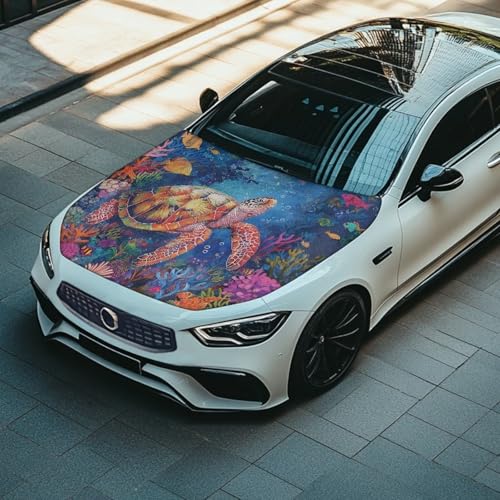 Image of Car Hood Cover Protector, A Washable Automotive Accessory with an Sea Turtle Print Design for Car Front Hoods, Measuring 59x51 Inches
