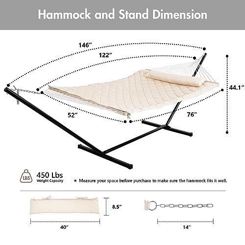 Image of ANOW Two Person Hammock with 12FT Stand, Large Rope Hammock 76 inchx52 inch, Cream