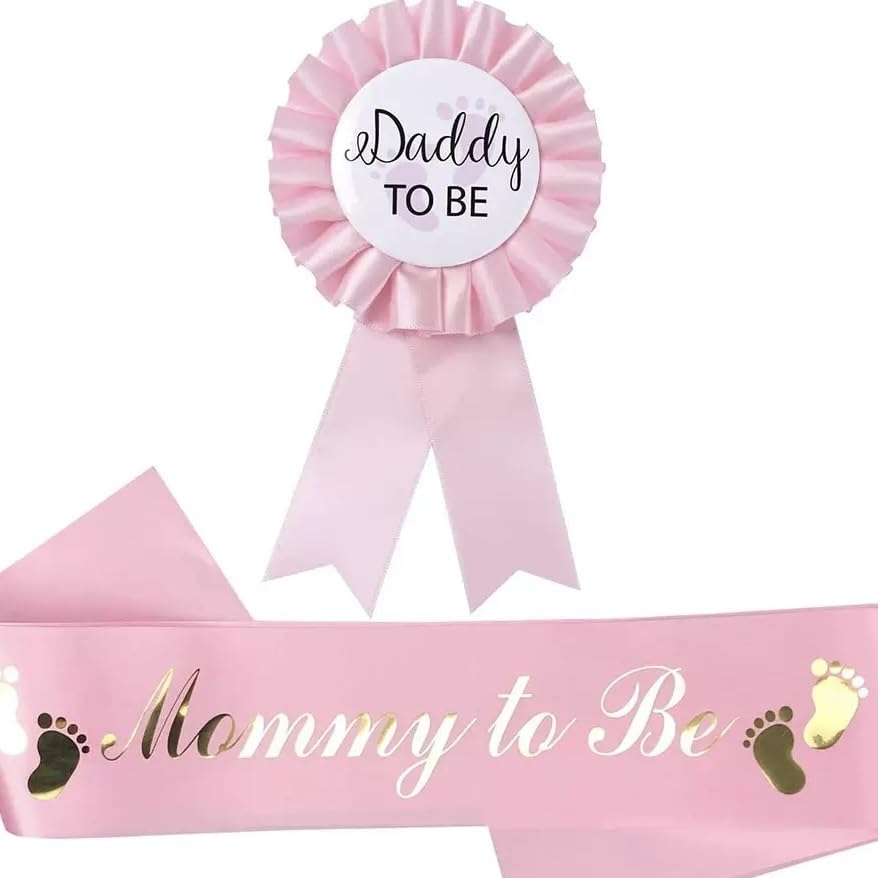 1pc Pink Mom to Be Sash with Gold Glitter Letters and Expecting Dad Badge Comes Ribbon, Decorations for Girl Gender Reveal Party Gift