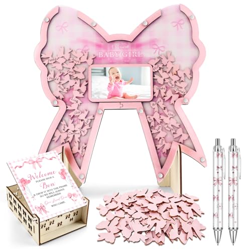 ZCPTZ 65 Pcs Pink Bow Baby Shower Guest Book Alternative Set Wooden Photo Frame with Stand 60 Wood Slices 2 Pens & Keepsake Box for Girls Baby Shower Decorations Guests to Sign Gender Reveal Party