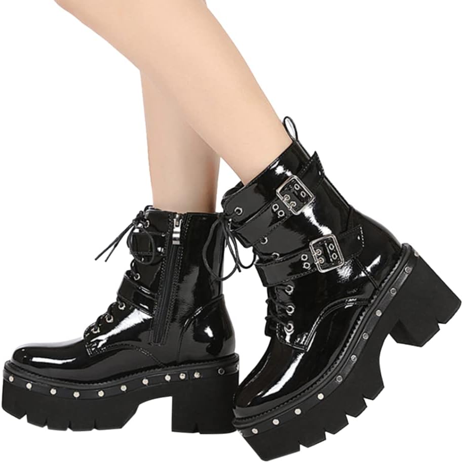 Minetom Womens Platform Punk PU Ankle Boots Winter Boots Short Shaft Boots Gothic Platform Shoes Motorcycle Lace-Up Boots