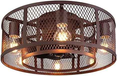Ohniyou Cage Ceiling Fan with Light, 21 Inch Farmhouse Low Profile Ceiling Fan with Light Remote Control, Flush Mount Bladeless Ceiling Fan Lighting Fixture for Kitchen Bedroom Living Room Brown
