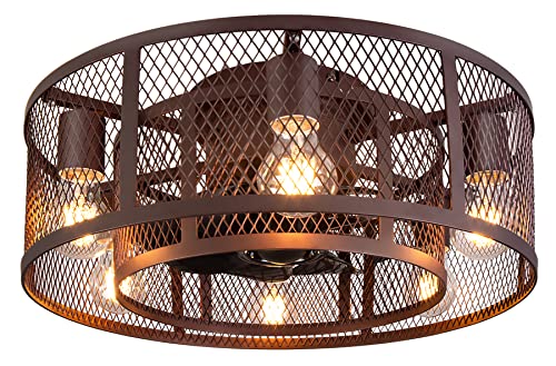 Ohniyou Cage Ceiling Fan With Light, 21 Inch Farmhouse Low Profile Ceiling Fan With Light Remote Control, Flush Mount Bladeless Ceiling Fan Lighting Fixture For Kitchen Bedroom Living Room Brown #TOP7