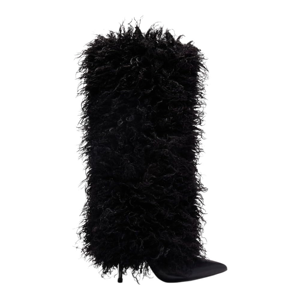 PAZZLE Women Pointed Toe Fluffy Faux Fur Knee-High Stiletto Boots