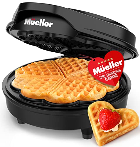 Mueller WaffleWiz Waffle Maker, Non-Stick Cooking Plates, Mini Heart Waffle Maker, 5 Waffles at Once, Compact and Easy to Clean Waffle Iron, 900W, Black